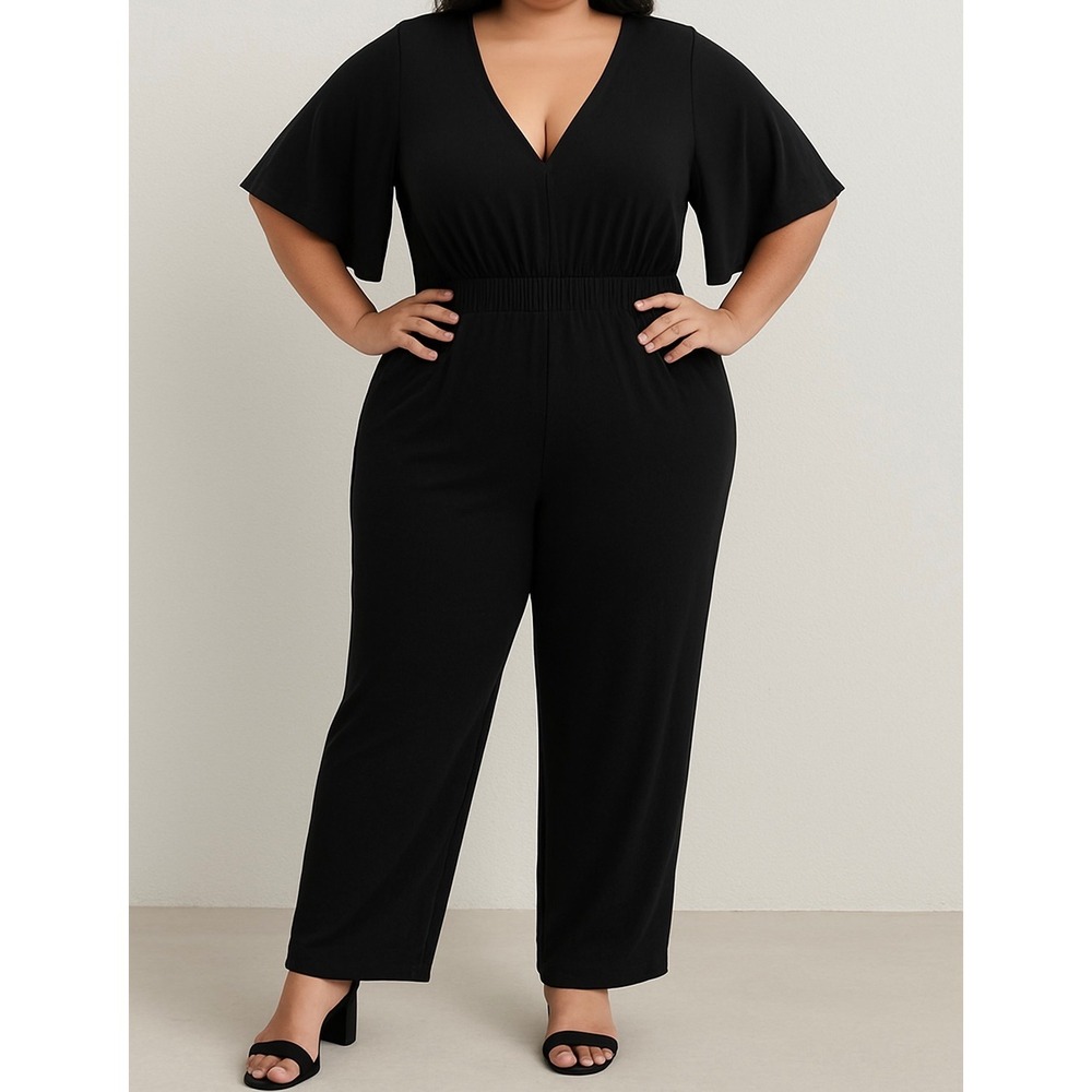 Torrid Womens Black Jumpsuit Plus Size 4 V Neck Keyhole Back Flutter‎ Sleeve NEW
